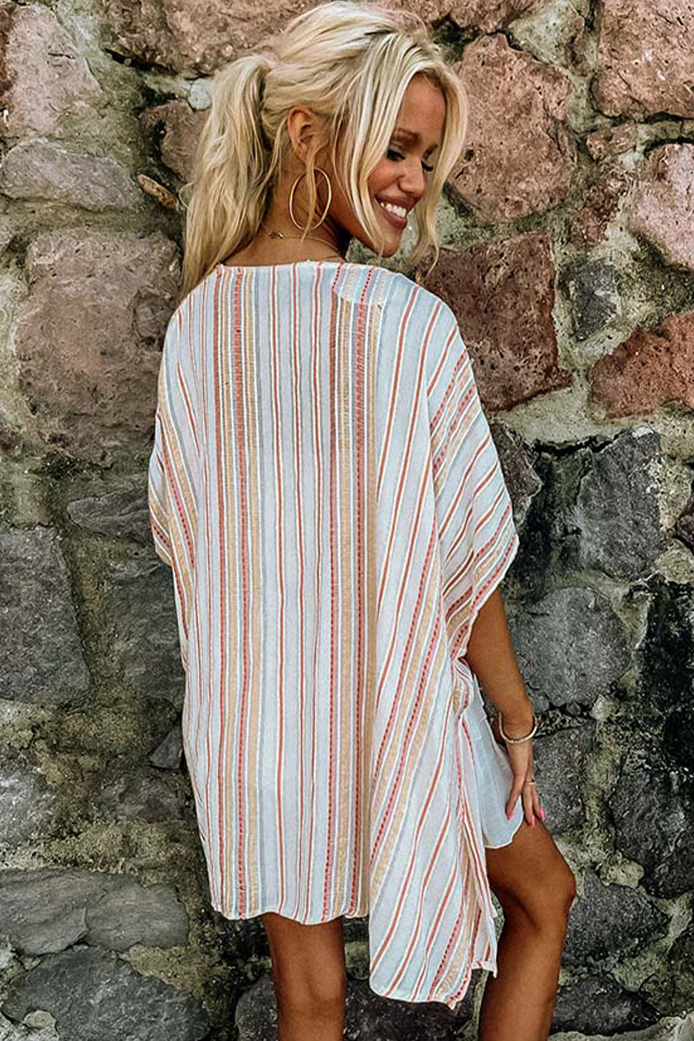 Kimono Boho à lacets et pompons imprimés à rayures