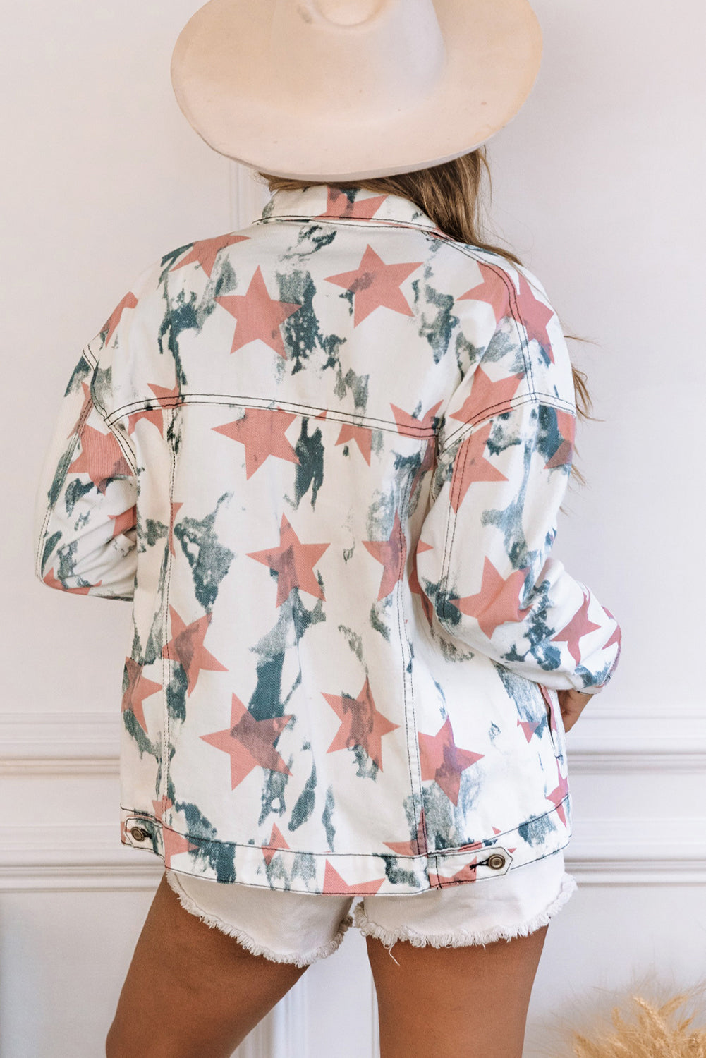 Veste en jean boutonnée à imprimé tie-dye blanc étoiles