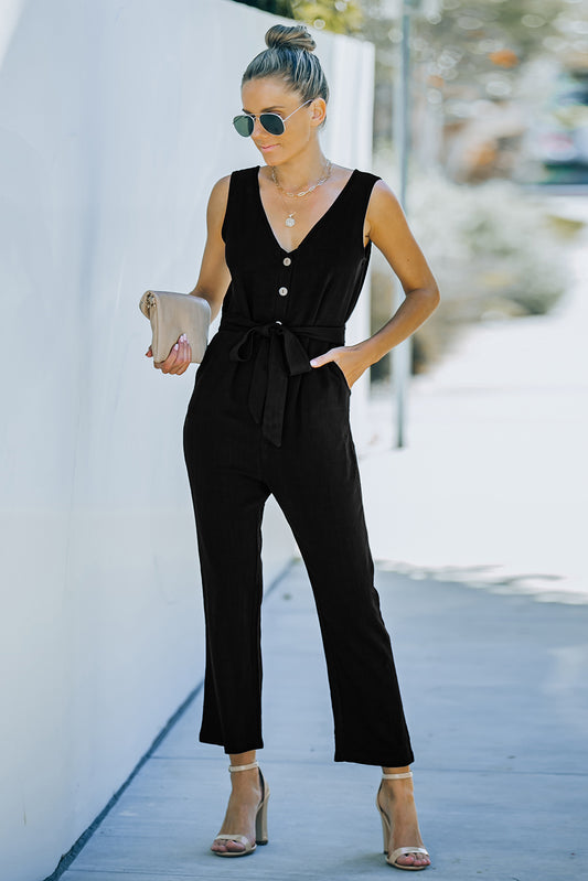 V Neck Button Belted Jumpsuit with Pockets