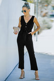 V Neck Button Belted Jumpsuit with Pockets