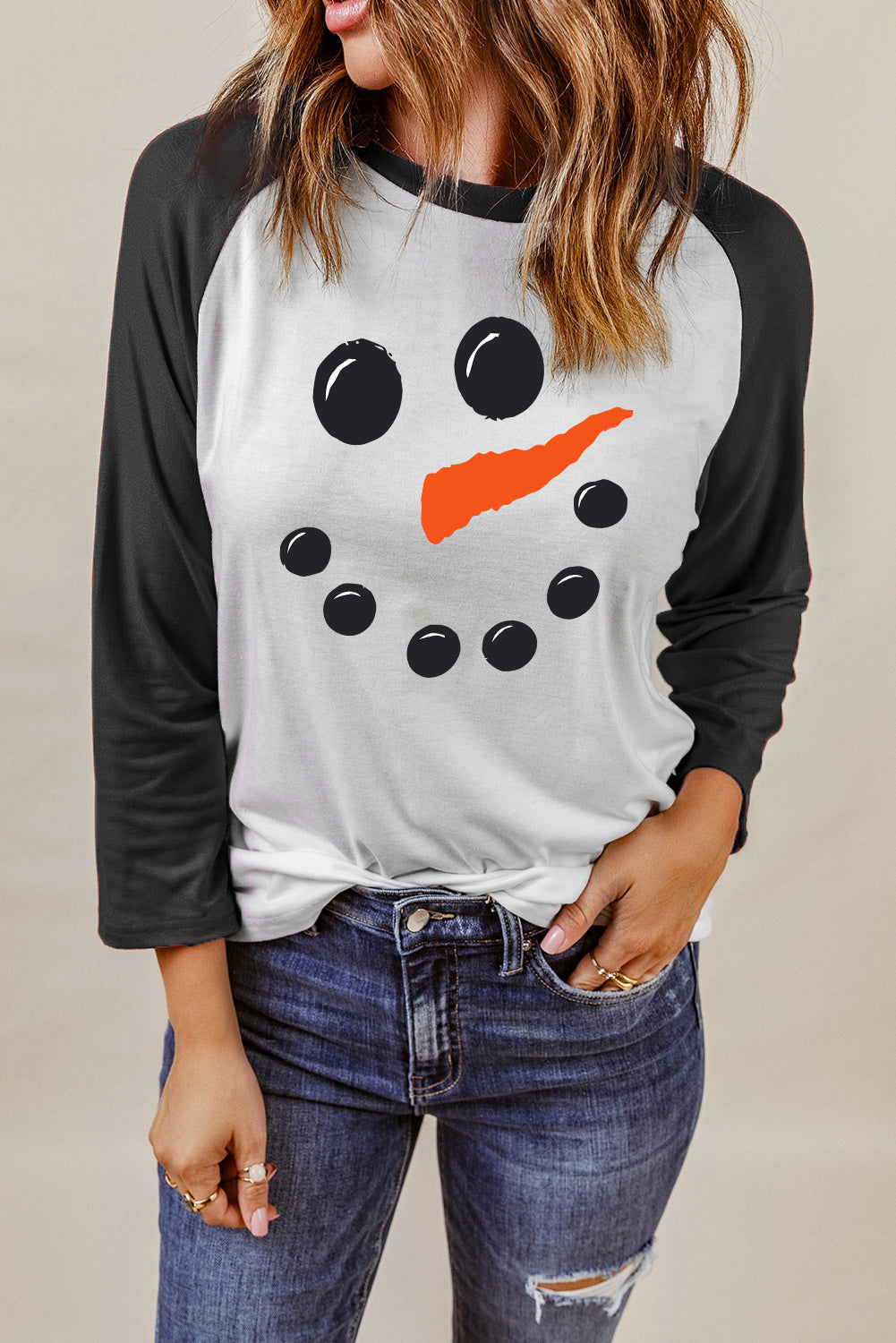 Christmas Snowman Face Print Color Block Top