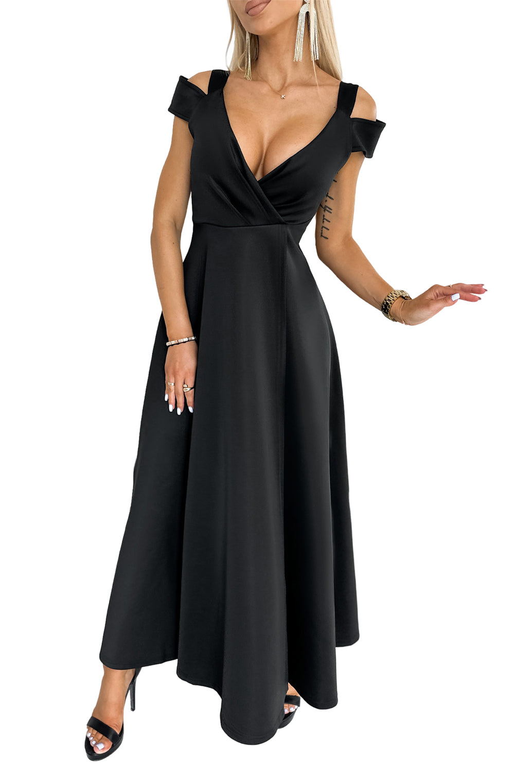 Cold Shoulder Ruched V Neck High Slit Dress