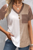 Color Block Patchwork Button V Neck T-shirt