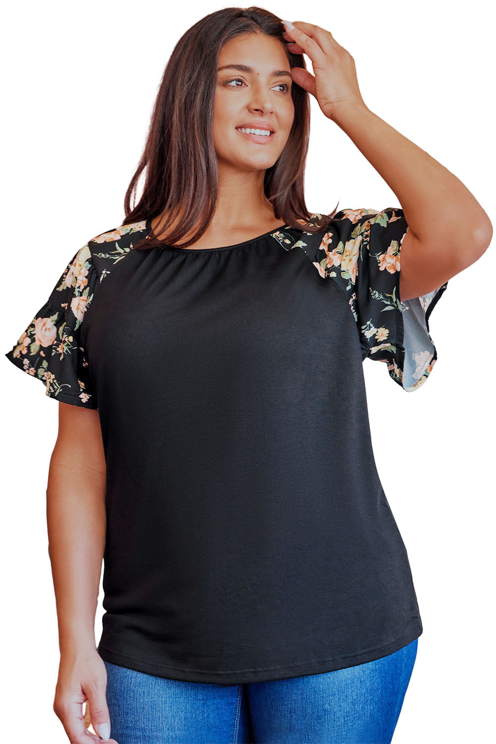 Floral Ruffle Sleeve Plus Size Top