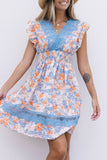 Lace Splicing Ruffled Shirred High Waist Floral Mini Dress