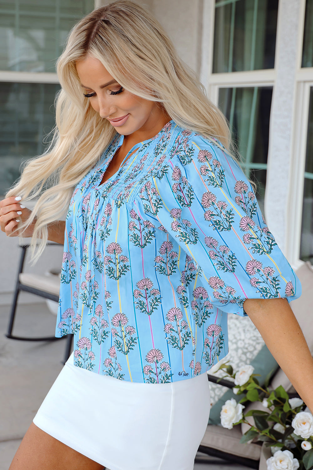 Sky Blue Floral Striped Print Tie Shirred Splie Neck Blouse