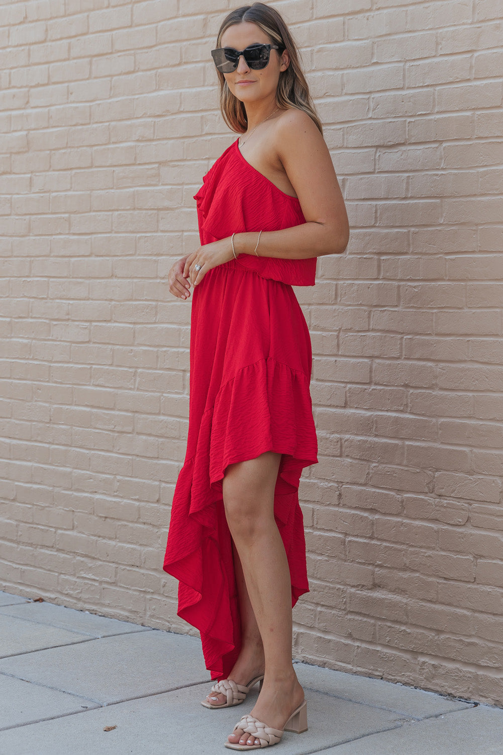 One Shoulder Ruffle High Low Maxi Dress