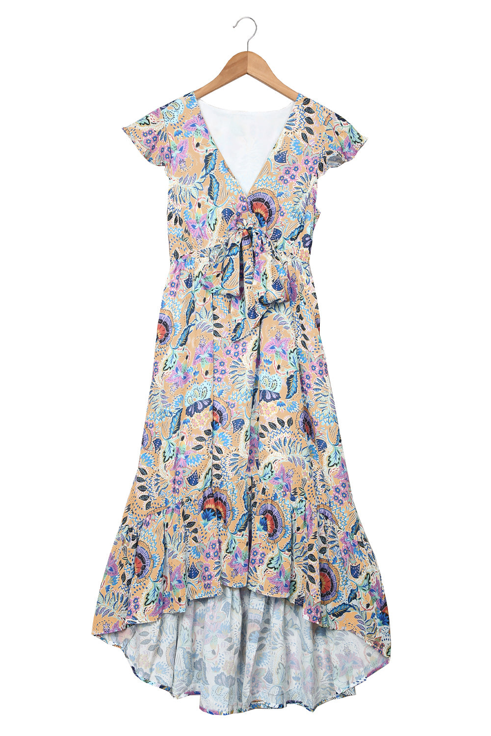 Robe longue taille haute à nouer à imprimé floral style bohème multicolore