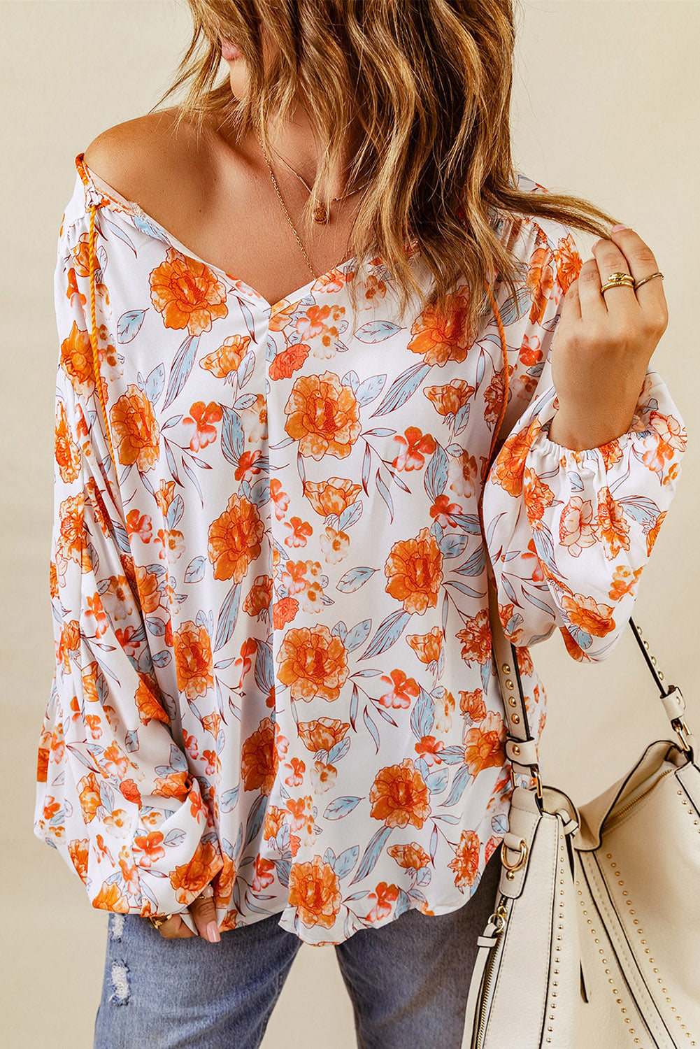 Split V Neck Floral Print Dolman Blouse