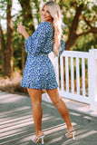 Sky Blue/Blue/Apricot V Neck Lantern Sleeves Floral Tunic Dress