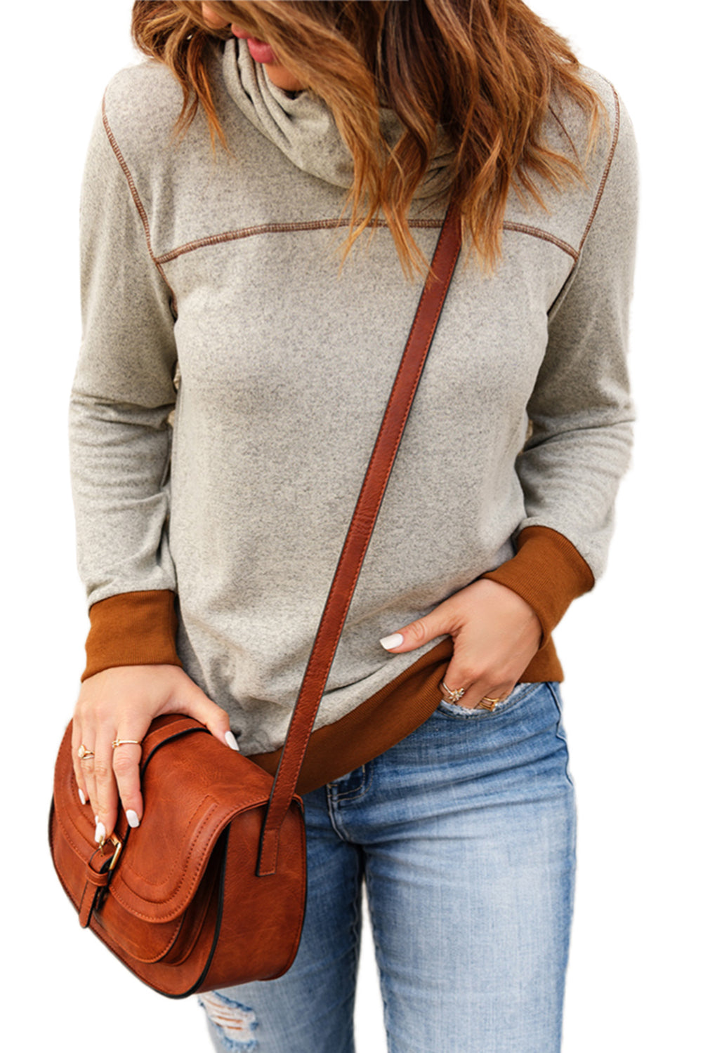 Patchwork Cowl Neck Long Sleeve Top