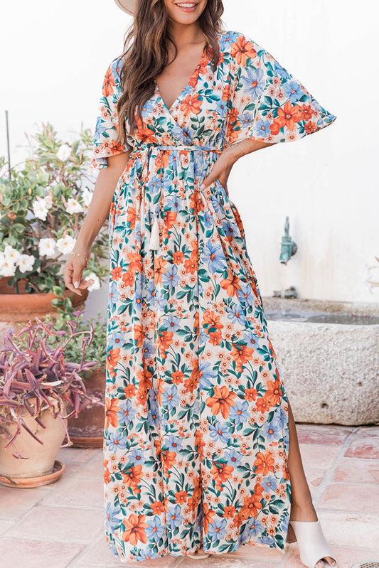 Floral Print Wrap Belted Maxi Dress