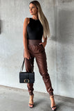 Pantalon skinny en cuir taille haute smocké marron