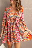 Multicolour V Neck 3/4 Sleeve Bohemian Vintage Print Mini Dress