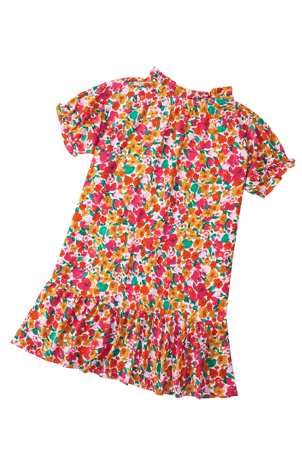 Robe multicolore à imprimé floral et volants, col montant, manches bulles