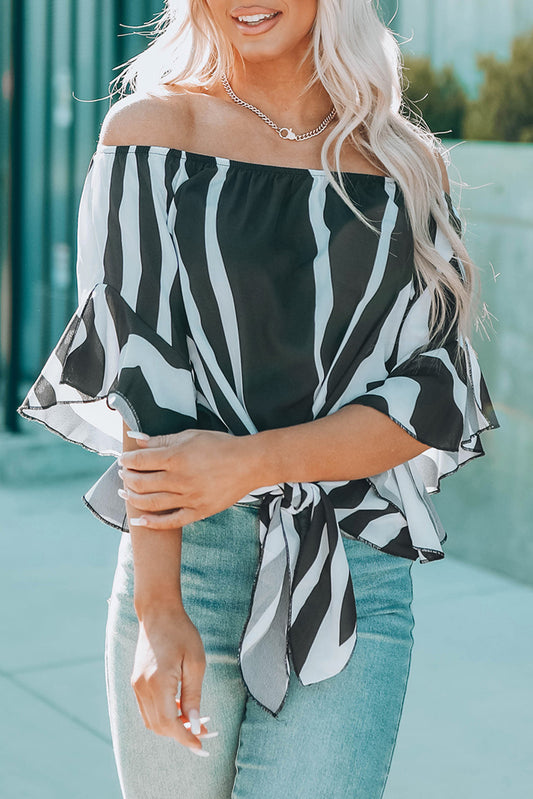 Off The Shoulder Vertical Stripes Blouse in Black