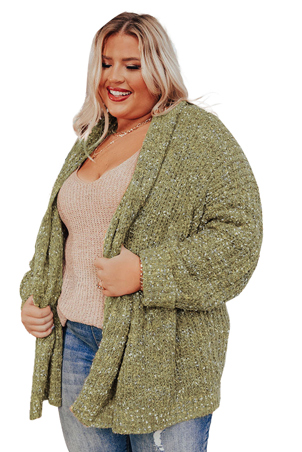 Kaki Cardigan douillet en tricot ouvert sur le devant de grande taille