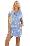 Sky Blue Stars Frayed Hem Collared Short Sleeve Denim Dress
