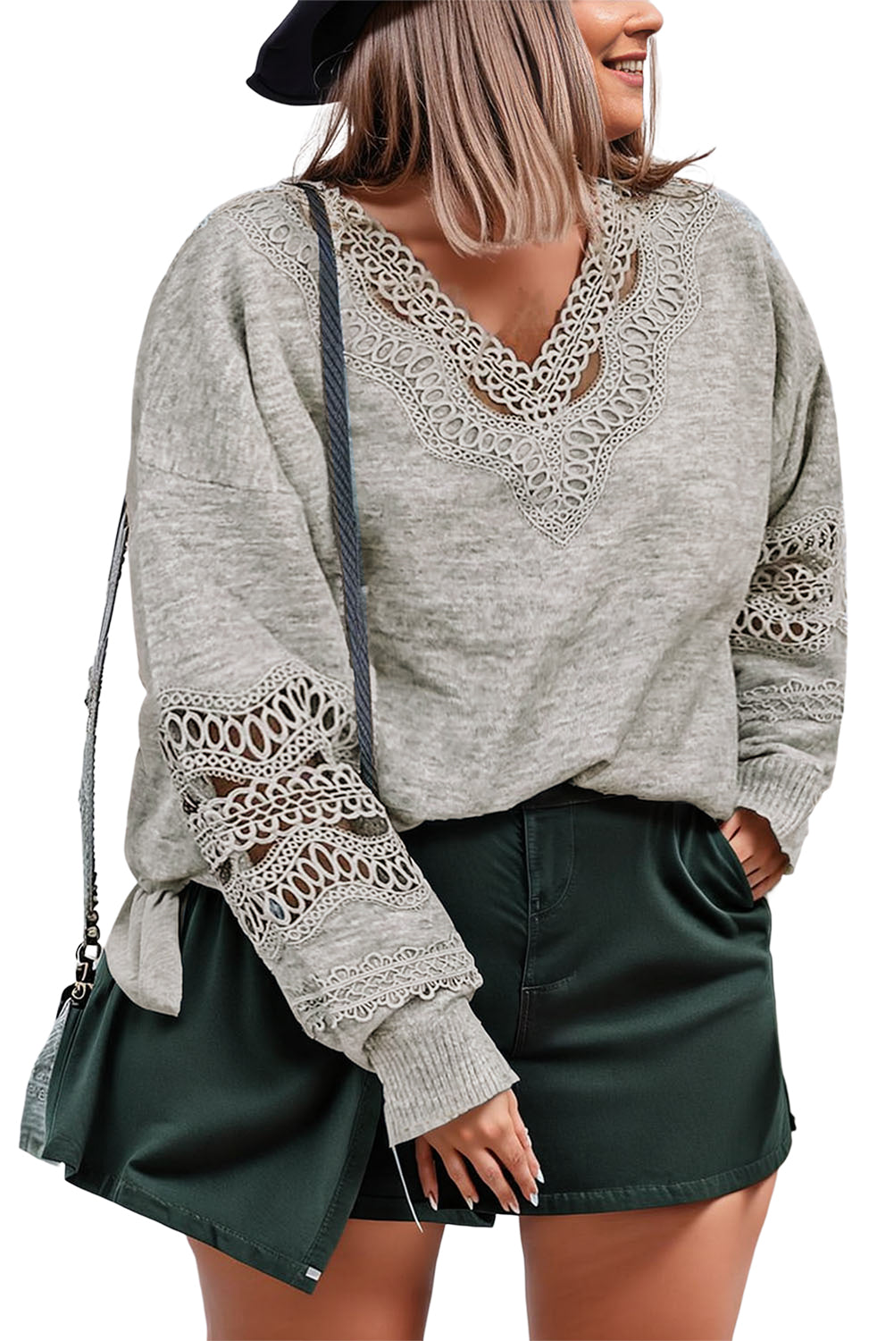 Hollowed Lace Splicing V Neck Loose Sweater