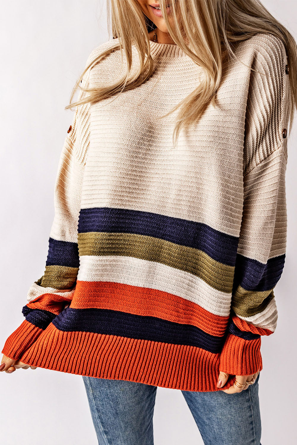 Buttoned Shoulder Drop Shoulder Striped Sweater