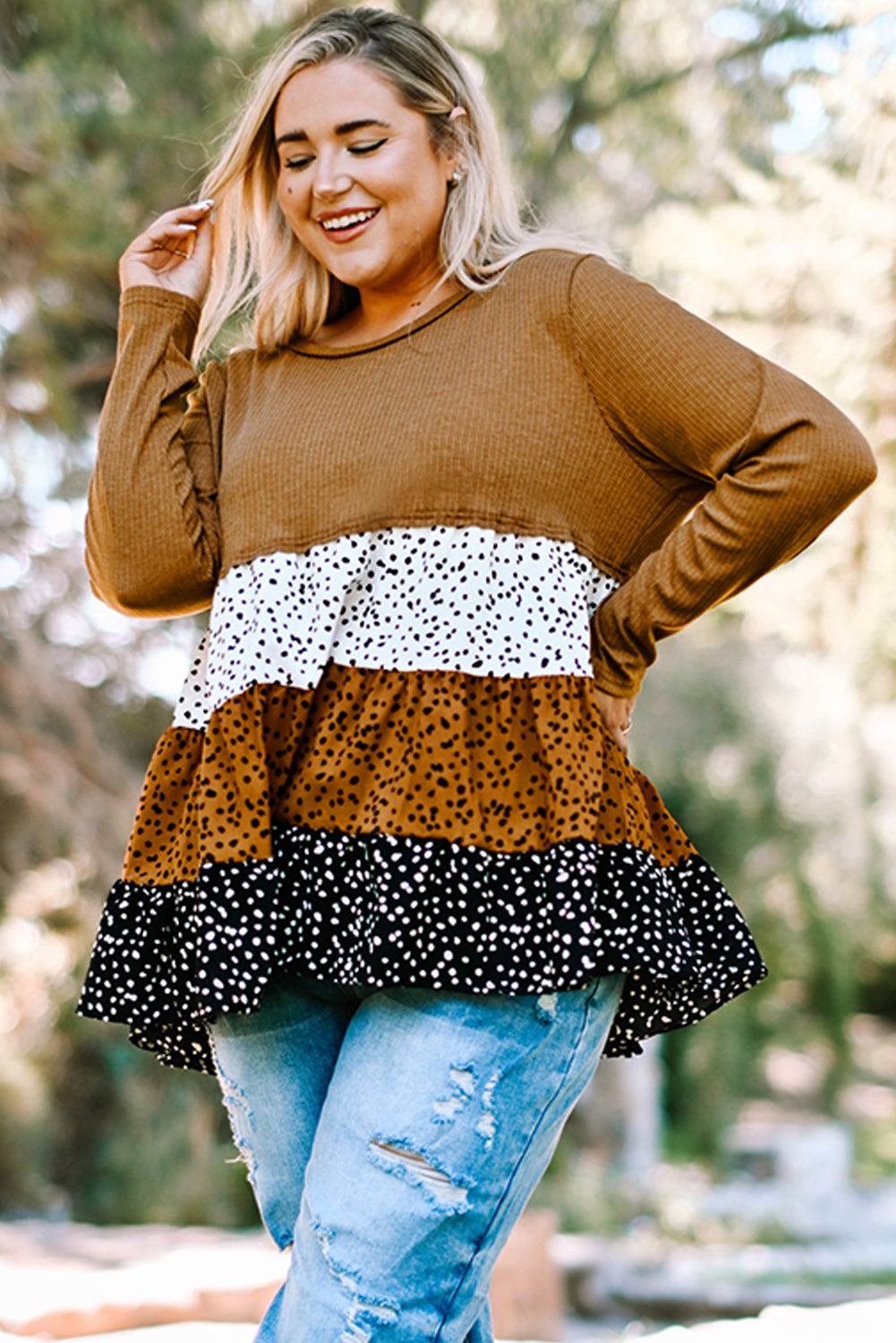 Plus Size Knit Dotted Print Tiered Top with Ruffle