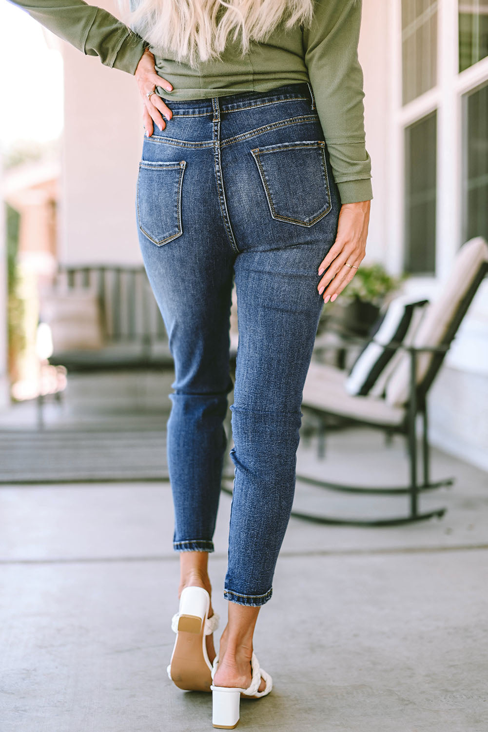 Jean skinny taille haute bleu avec coutures