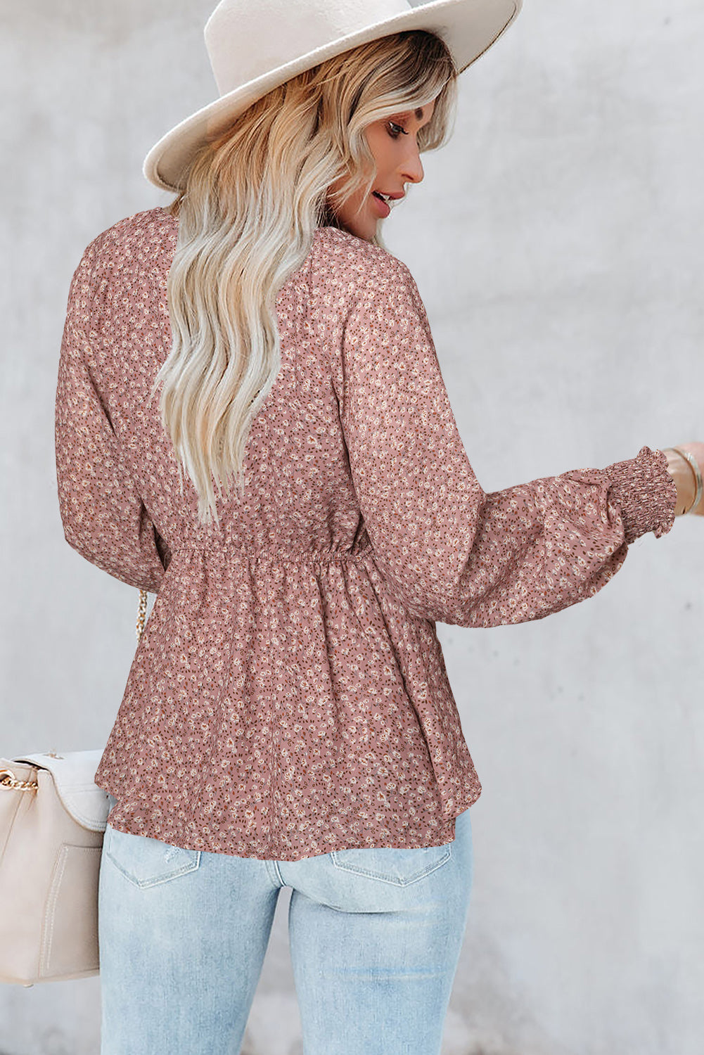 Blouse à manches longues à volants et imprimé floral noué sur le devant