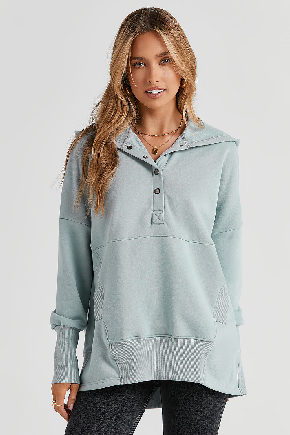 Turquoise Batwing Sleeve Pocketed Henley Hoodie