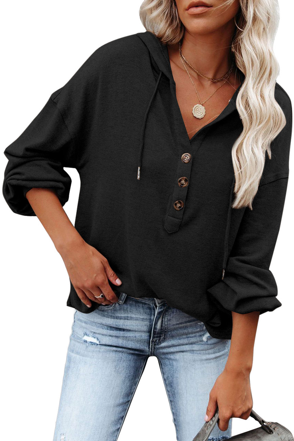 Black Buttoned High and Low Hem Hoodie