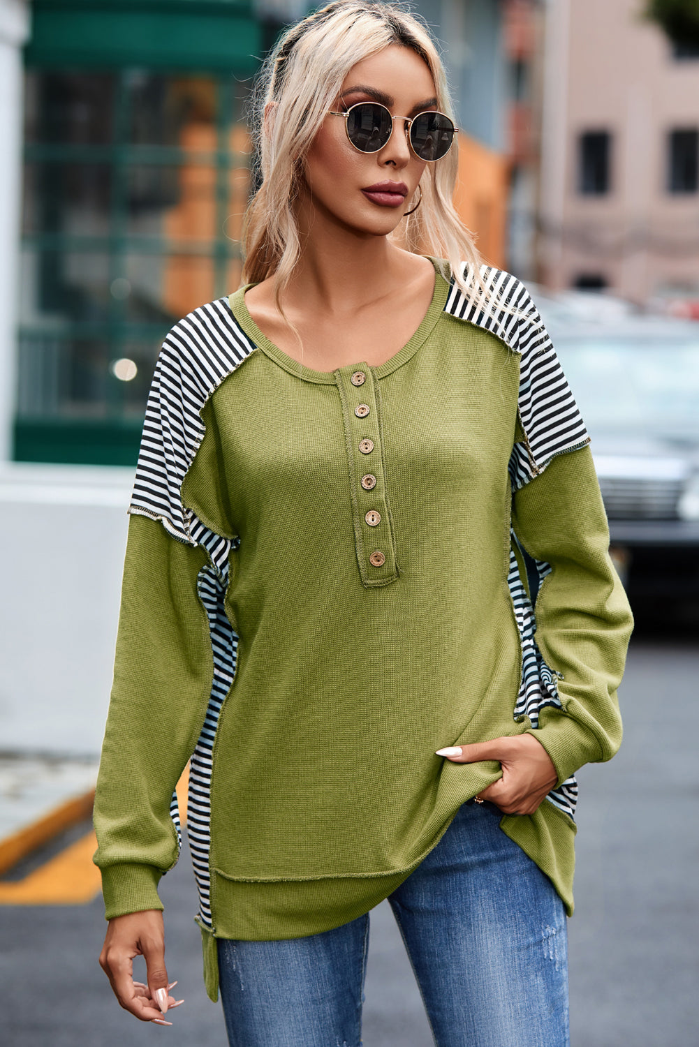 Striped Patch Exposed Seam Henley Sweatshirt