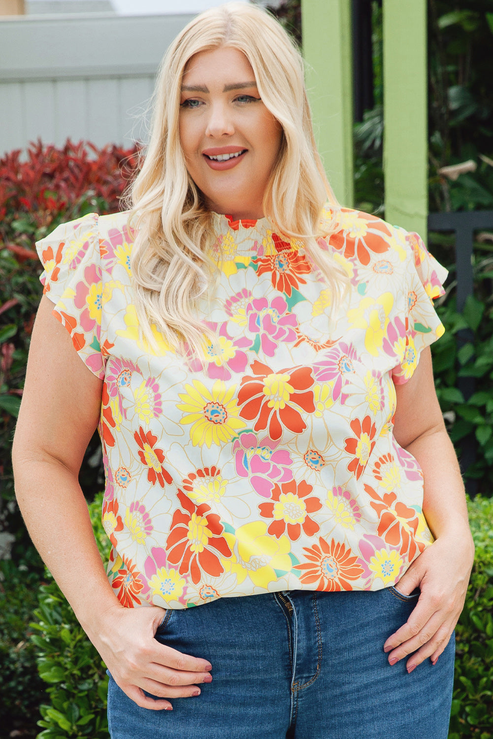 Plus Size Mock Neck Ruffle Sleeve Floral Blouse