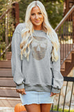 Light Grey Rhinestone Skull Graphic Drop Shoulder Sweatshirt