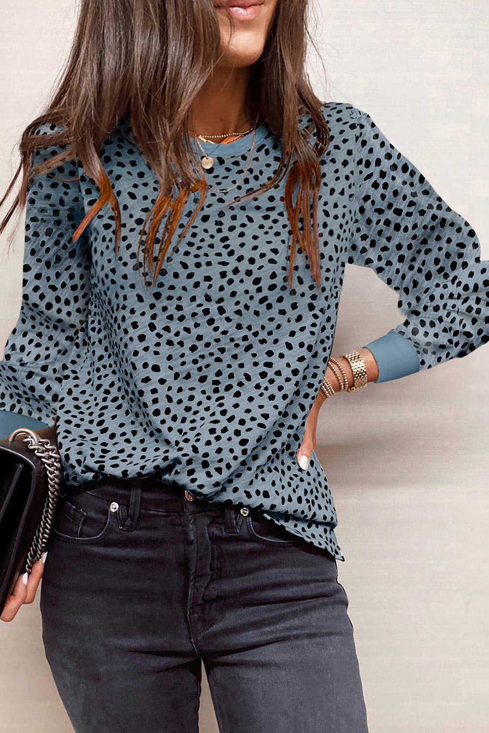 Animal Spotted Print Round Neck Long Sleeve Top