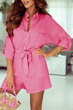 Rose Roll Tab Sleeve Button Shirt Style Belted Romper