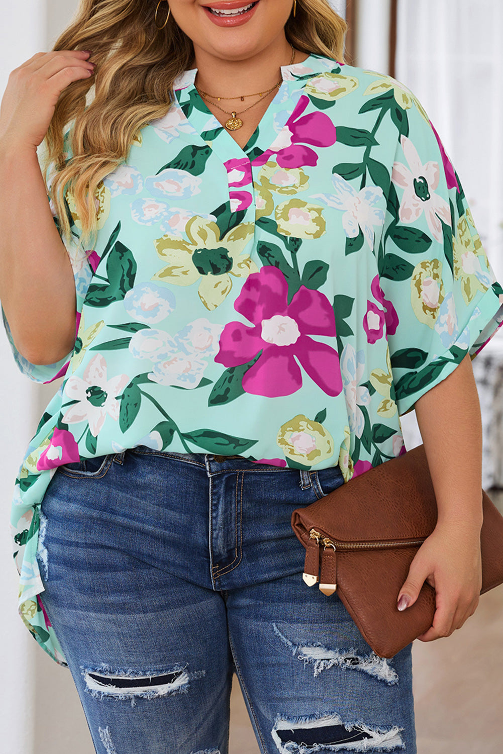 Flower Print Chest Pocket V Neck Blouse