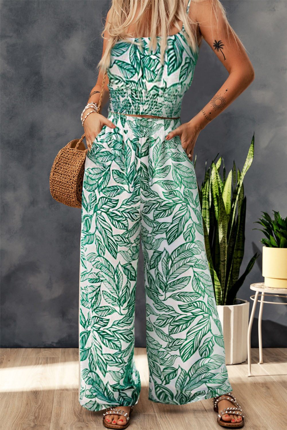 Boho Floral Sleeveless Wide Leg Pocket Pants Set