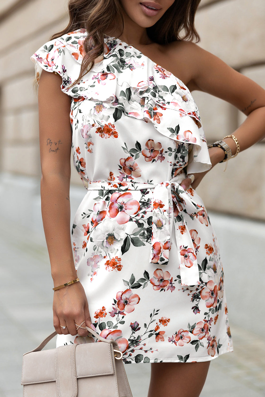 Ruffled One Shoulder Tie High Waist Floral Dress