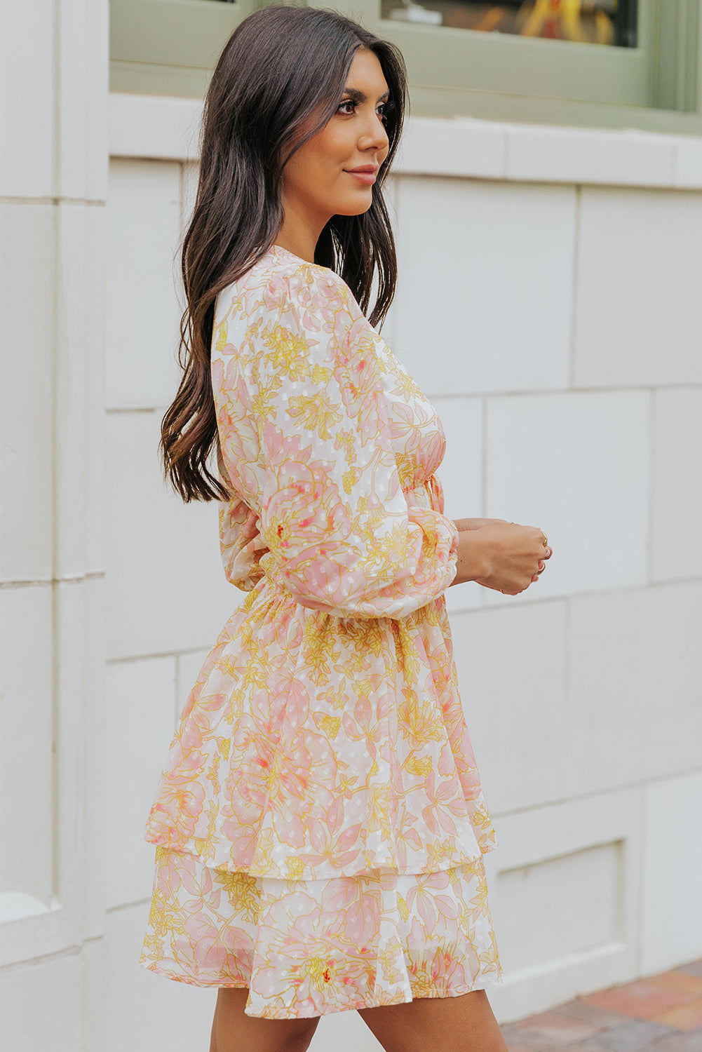 V Neck Long Sleeve Tiered Floral Dress