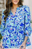 Blue Mix Floral Printed Lace Detail Bracelet Sleeve Blouse