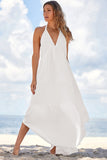 Robe longue asymétrique blanche à col licou et dos nu en V profond 