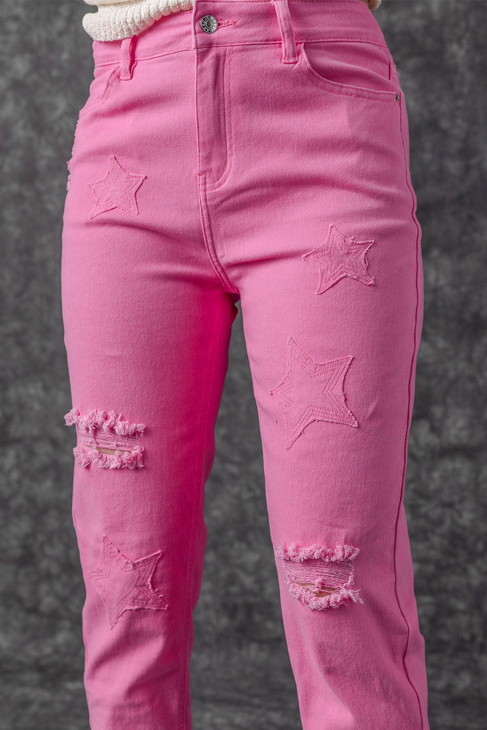 Pink Star Shape Patchwork Mid Waist Straight Leg Jeans