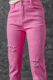 Pink Star Shape Patchwork Mid Waist Straight Leg Jeans