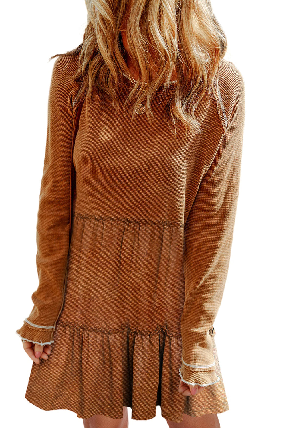 Brown Textured Round Neck Long Sleeve Top