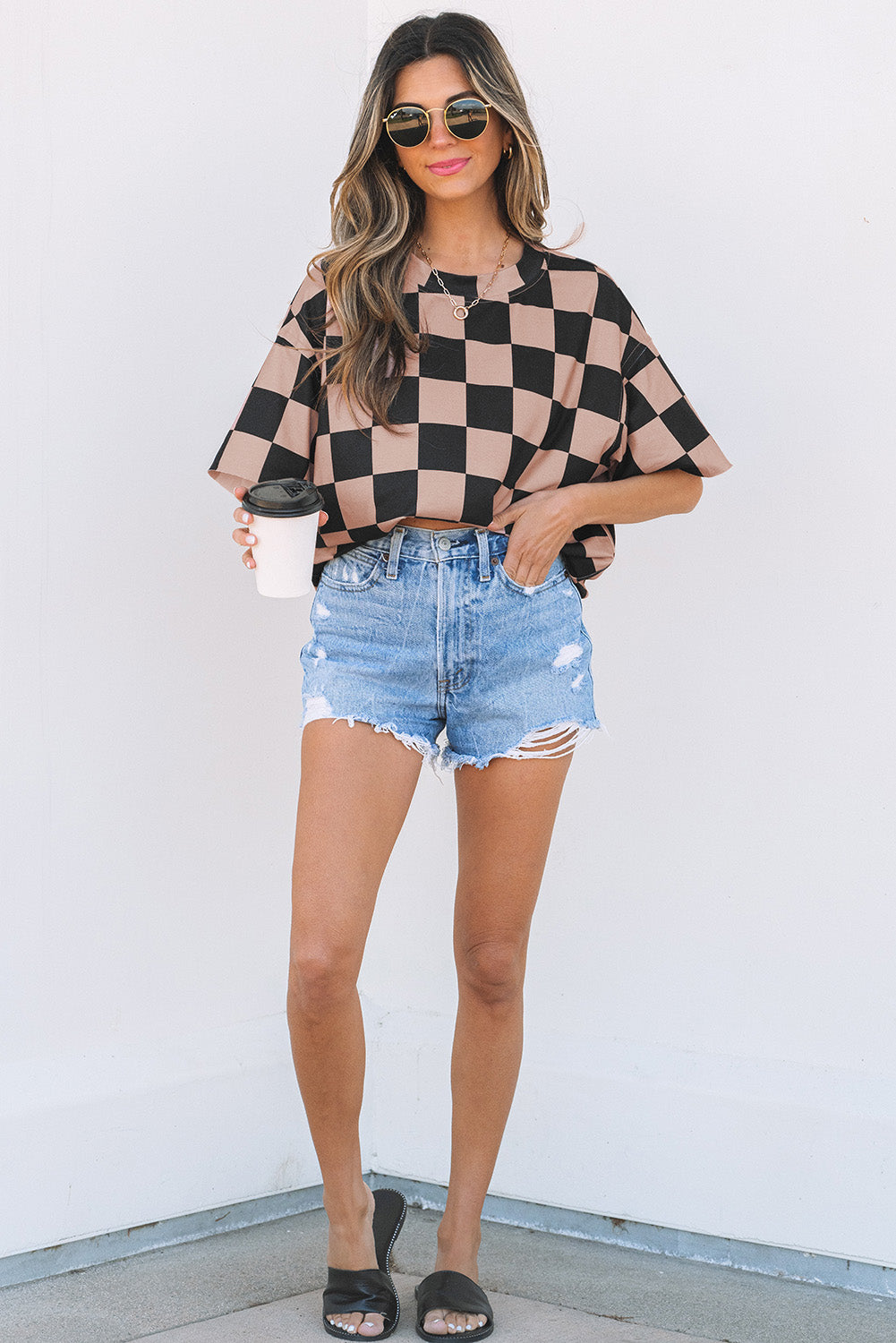 Light French Beige Checkmate Boyfriend Casual Tee