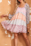 Floral Colorblock Tiered Puff Sleeve Dress