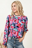 Red Floral Print Shirred Puff Sleeve Blouse