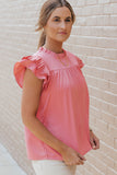 Satin Fringed Ruffle Sleeve Mock Neck Blouse