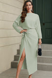 Satin Wrap Tie Side Boat Neck Long Sleeve Dress