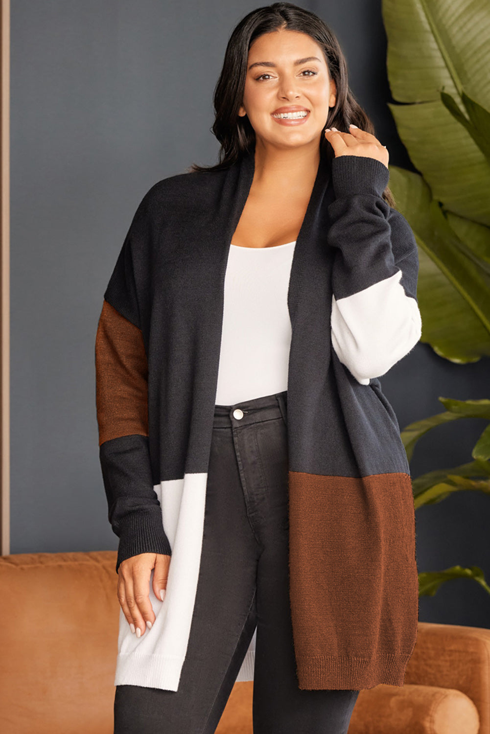 Cardigan color block ouvert sur le devant de grande taille marron 