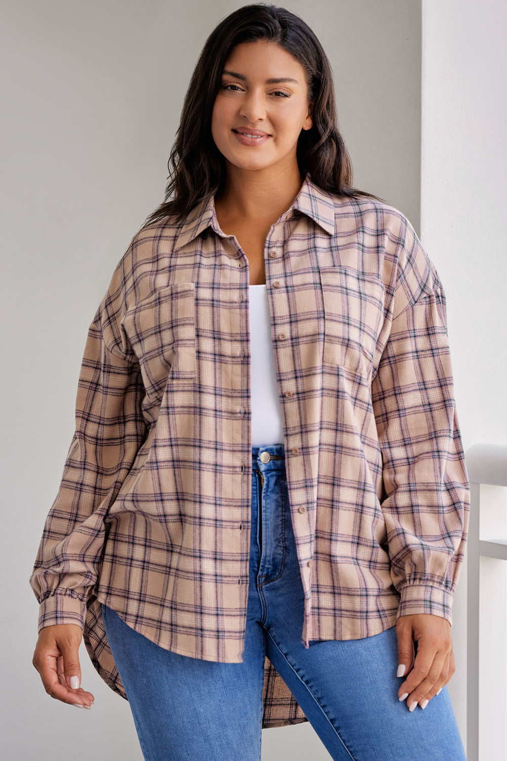 Plus Size Plaid Print Buttoned Oversized Tunic Shirt